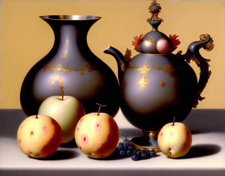 Ornate still life with black vase, gold teapot, ripe apples, and blueberries