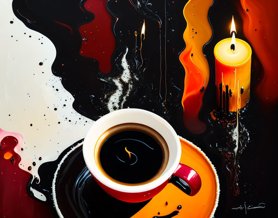 Colorful coffee cup and candle on paint-splattered surface