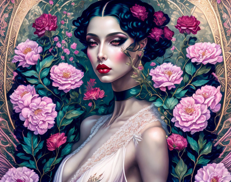 Detailed portrait of a woman with dark hair amid pink roses