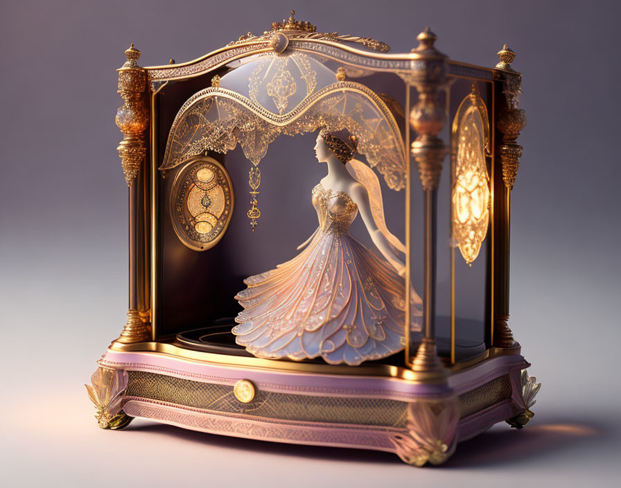 Vintage Music Box with Ballerina Figure and Gold Trim