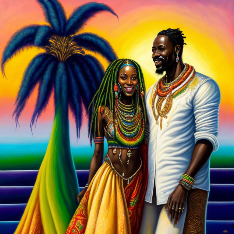 Colorful African-Inspired Painting of Smiling Couple at Sunset