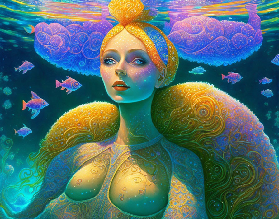 Vibrant fantasy artwork of aquatic woman surrounded by fish in underwater scene