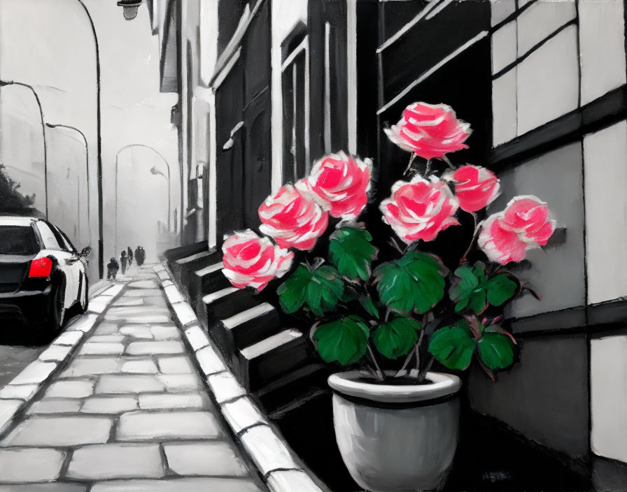 Monochrome city street painting with vibrant pink roses