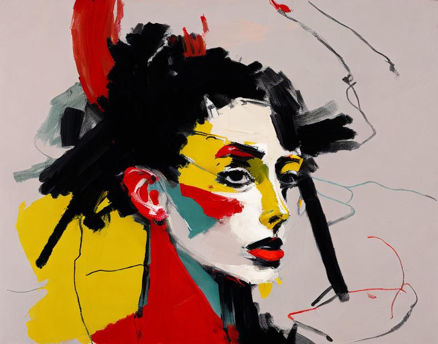 Vibrant abstract woman portrait in red, yellow, and black against pale backdrop