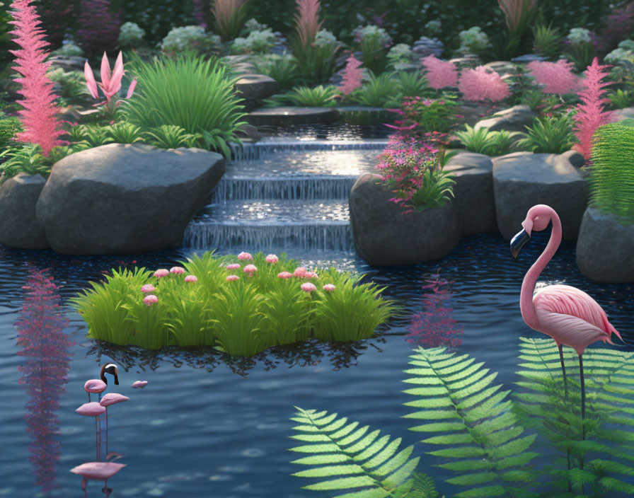 Tranquil garden with waterfall, pink flowers, greenery, and flamingo