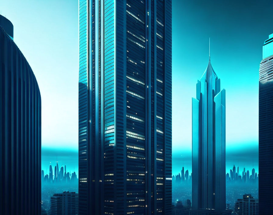 Futuristic cityscape with sleek skyscrapers and blue-tinted skyline