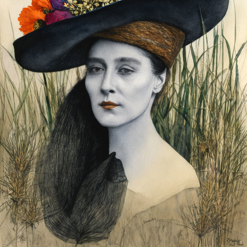 Illustration of woman with pale skin, orange lipstick, brown hat with flowers, amidst tall grasses