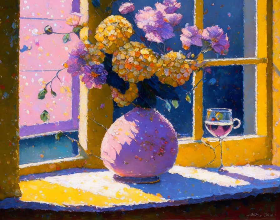 Vibrant painting of vase, flowers, and wine on windowsill