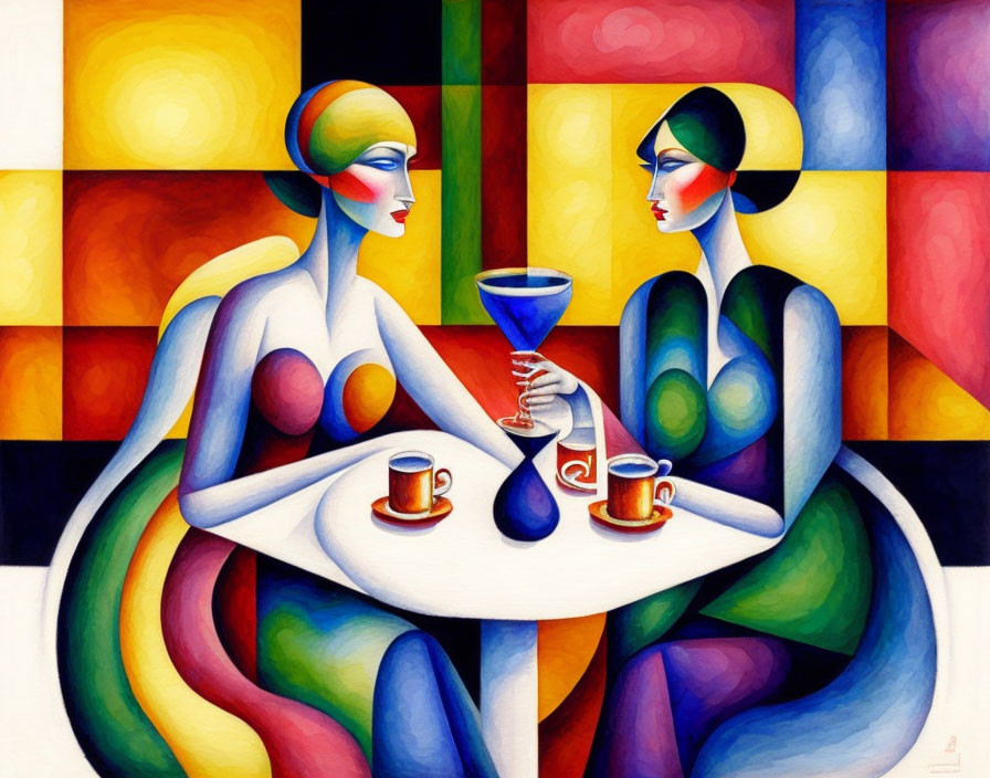 Stylized figures with elongated features at colorful table with blue goblet