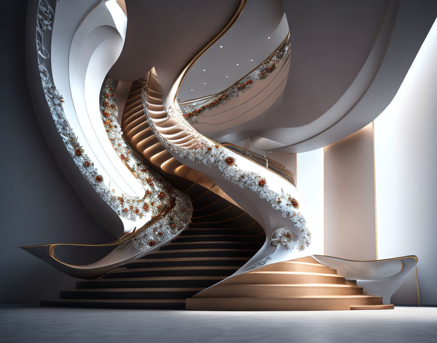 Luxurious spiral staircase with golden railings in modern setting