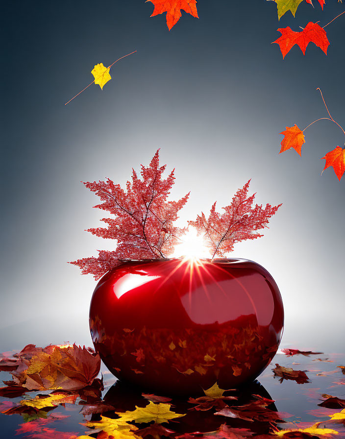 Red Apple-Shaped Vase with Miniature Tree and Autumn Leaves Scene