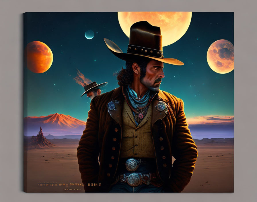 Surreal desert landscape with cowboy and multiple moons