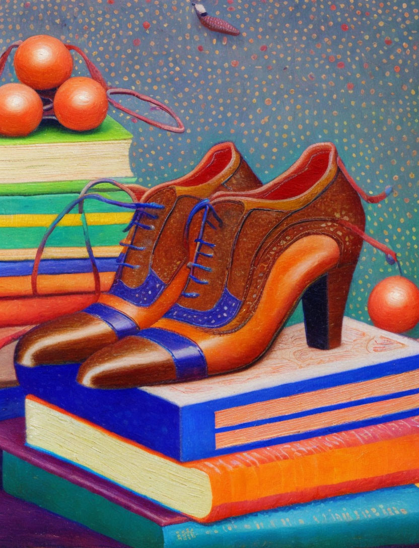 Colorful Drawing of Brown High-Heeled Shoes on Books