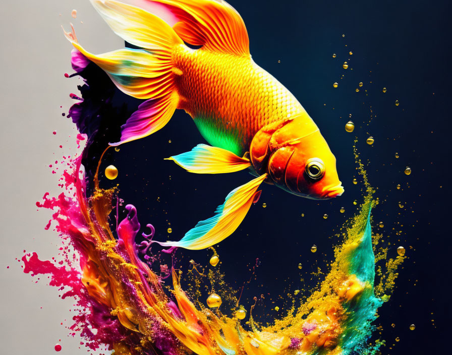 Colorful goldfish leaping in vibrant ink splash on grey background