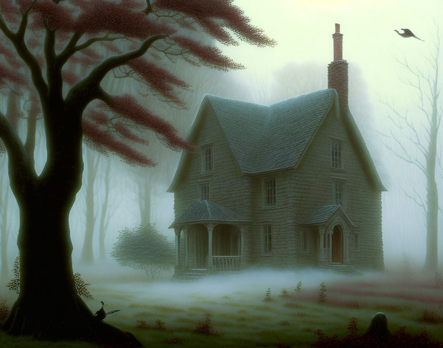 Eerie two-story house in fog with bare trees and raven