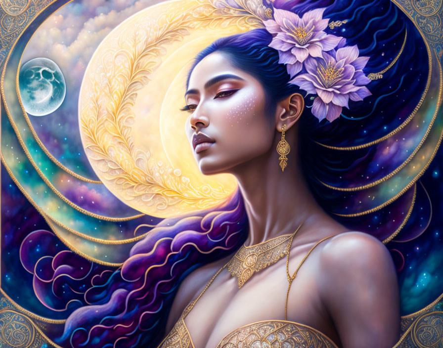 Cosmic-themed portrait of a woman with wavy hair and gold jewelry