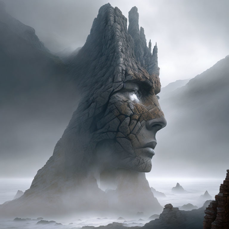 Majestic mountain sculpted like human face in misty clouds