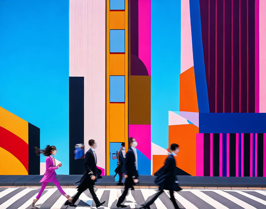 Pedestrians on crosswalk by vibrant geometric mural under blue sky