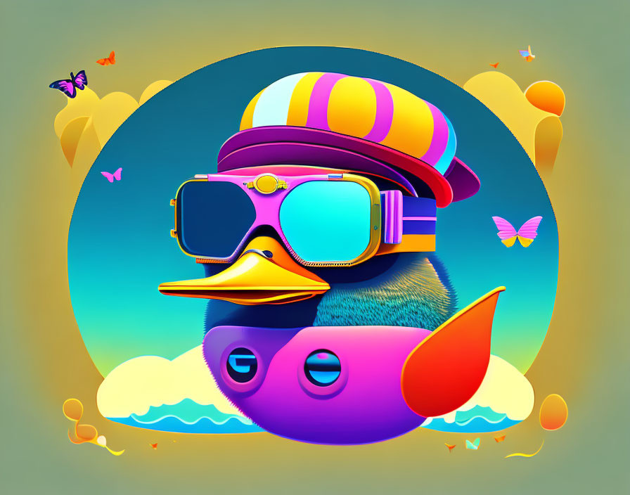 Colorful Duck Illustration with Goggles, Hat, and Butterflies