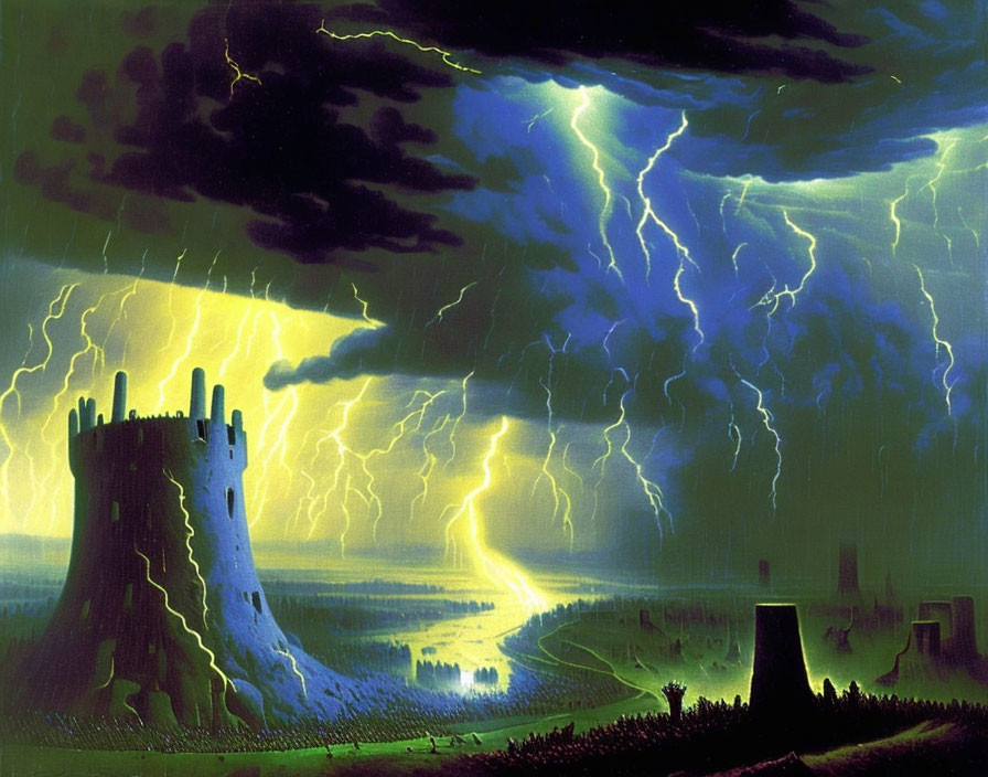 Medieval tower painting with thunderstorm and lightning.