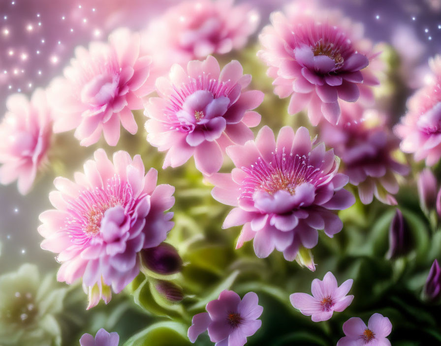 Pink Flowers with Yellow Centers in Sparkling Bokeh Background