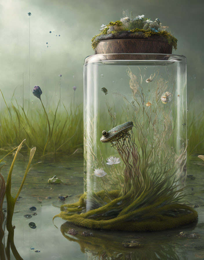 Frog on Moss-Covered Rock in Jar Among Underwater Flora