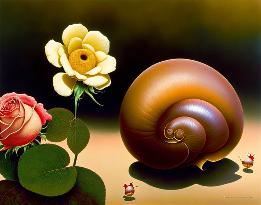 Colorful digital art: Glossy brown snail, yellow flower, rose, green leaves, red