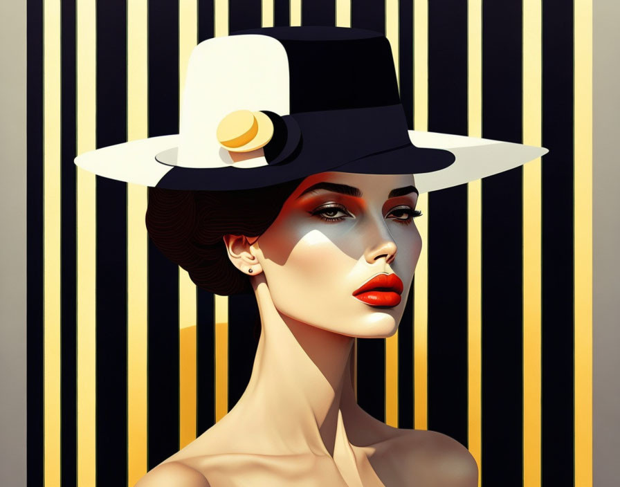 Fashion illustration of woman with red lips in black and white hat on striped background