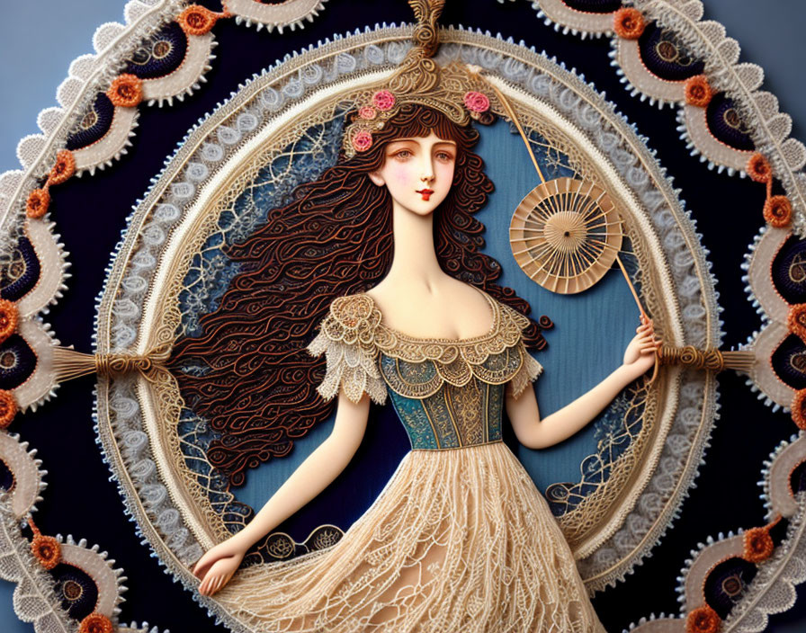 Illustrated woman in vintage dress with fan amid lace patterns on blue background