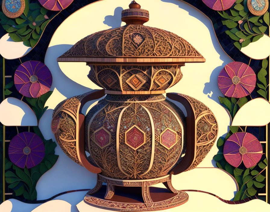 Ornate Teapot with Geometric and Floral Patterns on Leafy Background