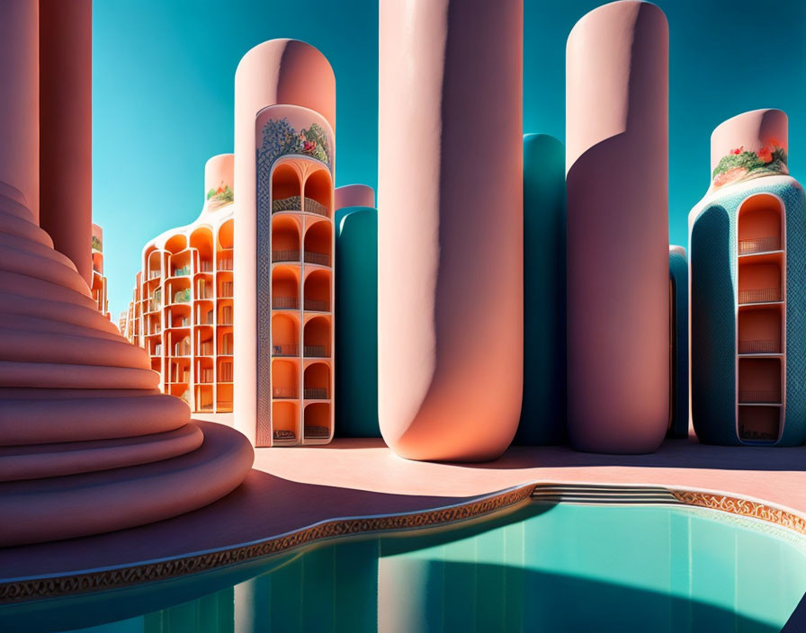 Cylindrical buildings and ornate shelves in surreal architectural scene