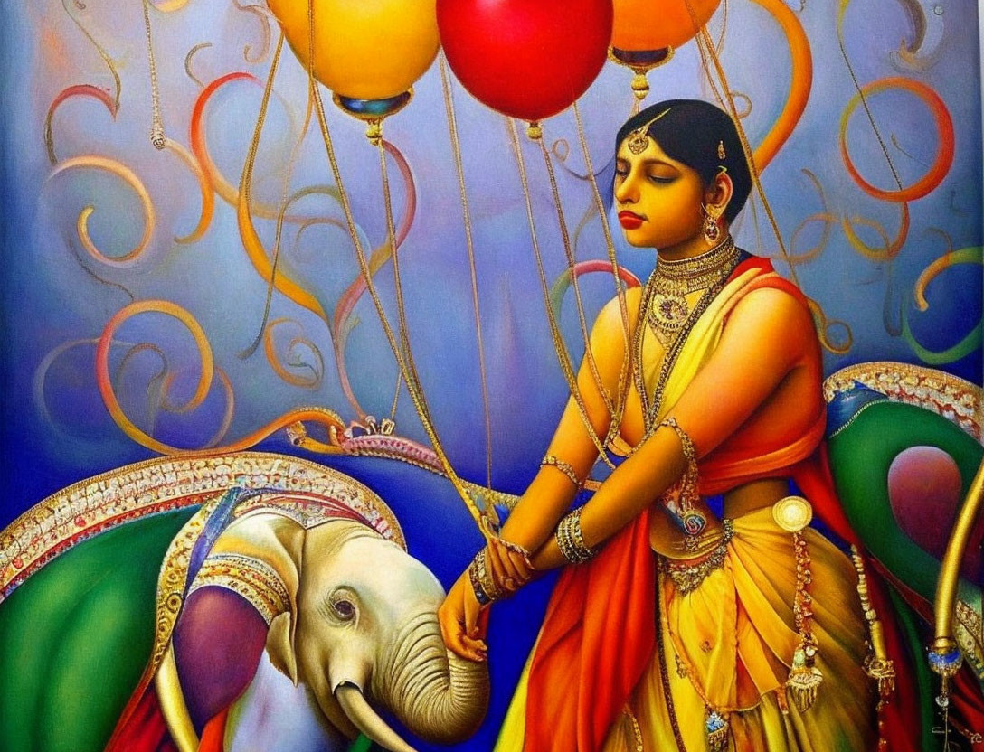 Traditional Indian Attire Woman with Elephant and Balloons