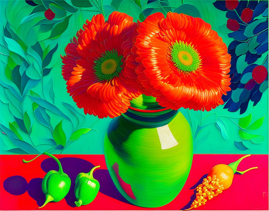 Colorful still life with red poppies, green vase, chili, and yellow sprig on red