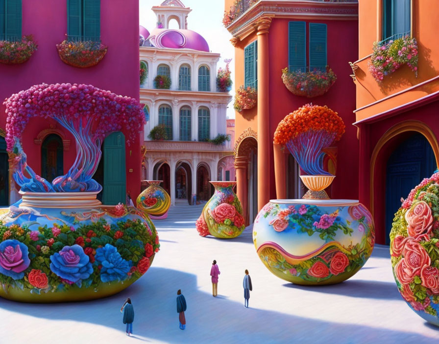 Colorful street scene with oversized floral pots and vibrant buildings