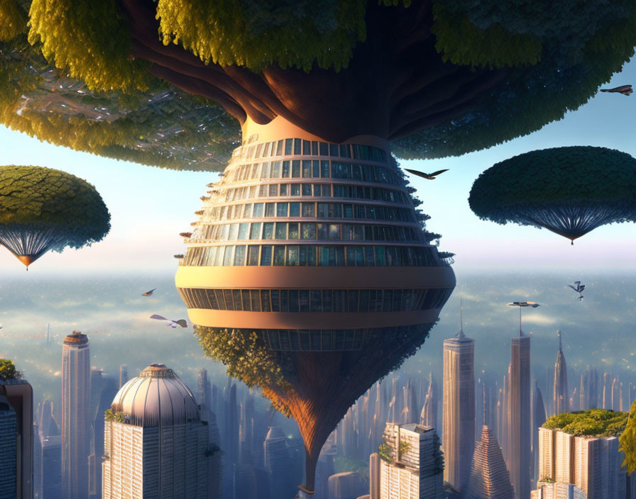 Futuristic cityscape with round skyscraper and flying vehicles