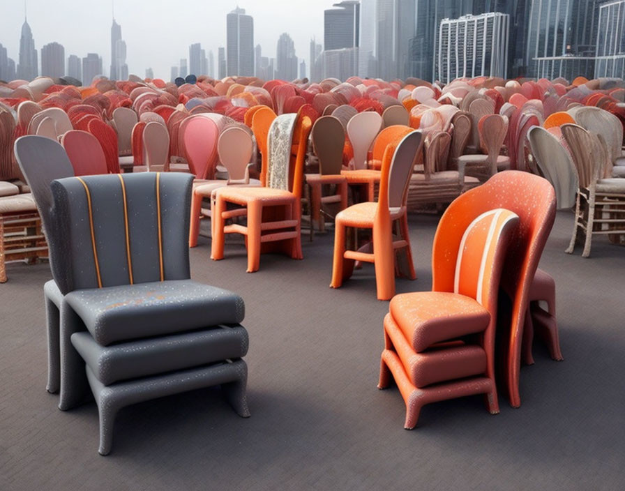 Assorted chairs in different styles and colors against a city skyline.