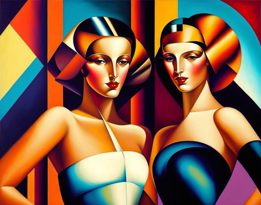 Vibrant cubist painting of two women with abstract geometric features