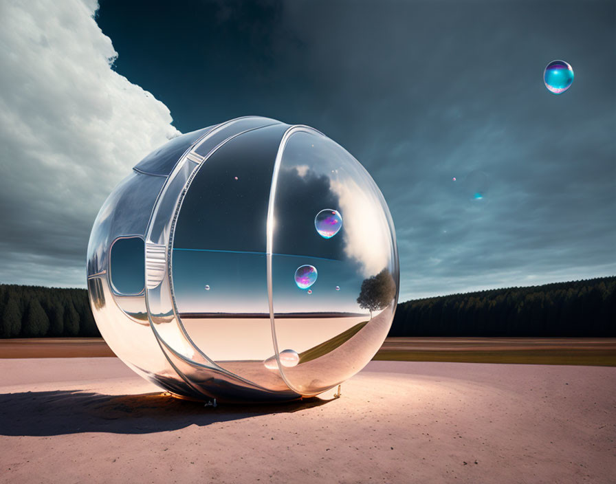 Transparent futuristic sphere on flat landscape with floating bubbles