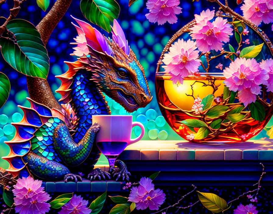 Colorful Dragon with Teacup and Pink Flowers on Night Background