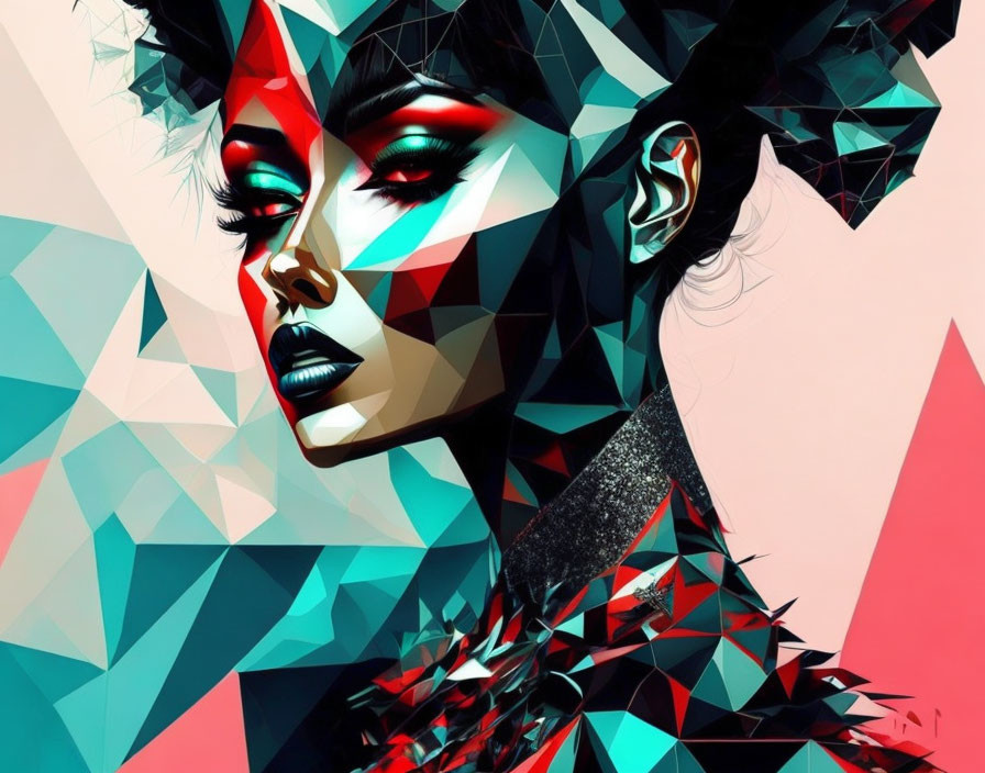 Geometric abstract art of a woman in red, white, and black palette