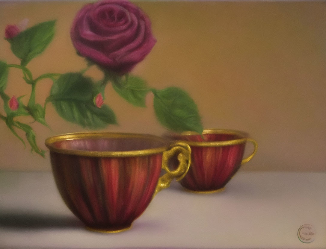 Ornate red and gold teacups with purple rose and buds