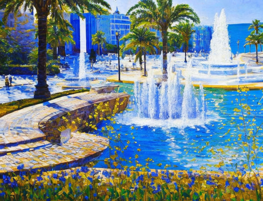 Colorful painting of sunny park with palm trees, fountain, flowers, and figures.