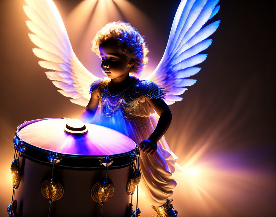 Angelic figurine with spread wings leaning on a drum in warm backlighting