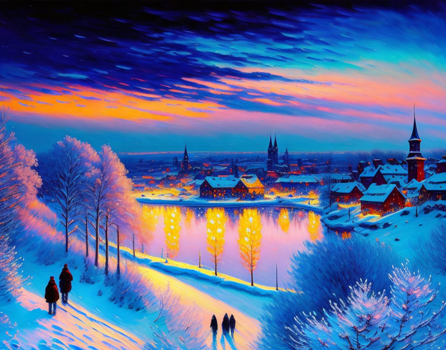 Snowy town at dusk: People by river under glowing lights