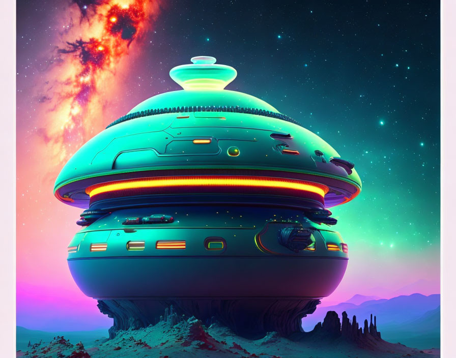 Futuristic multicolored flying saucer over desolate landscape