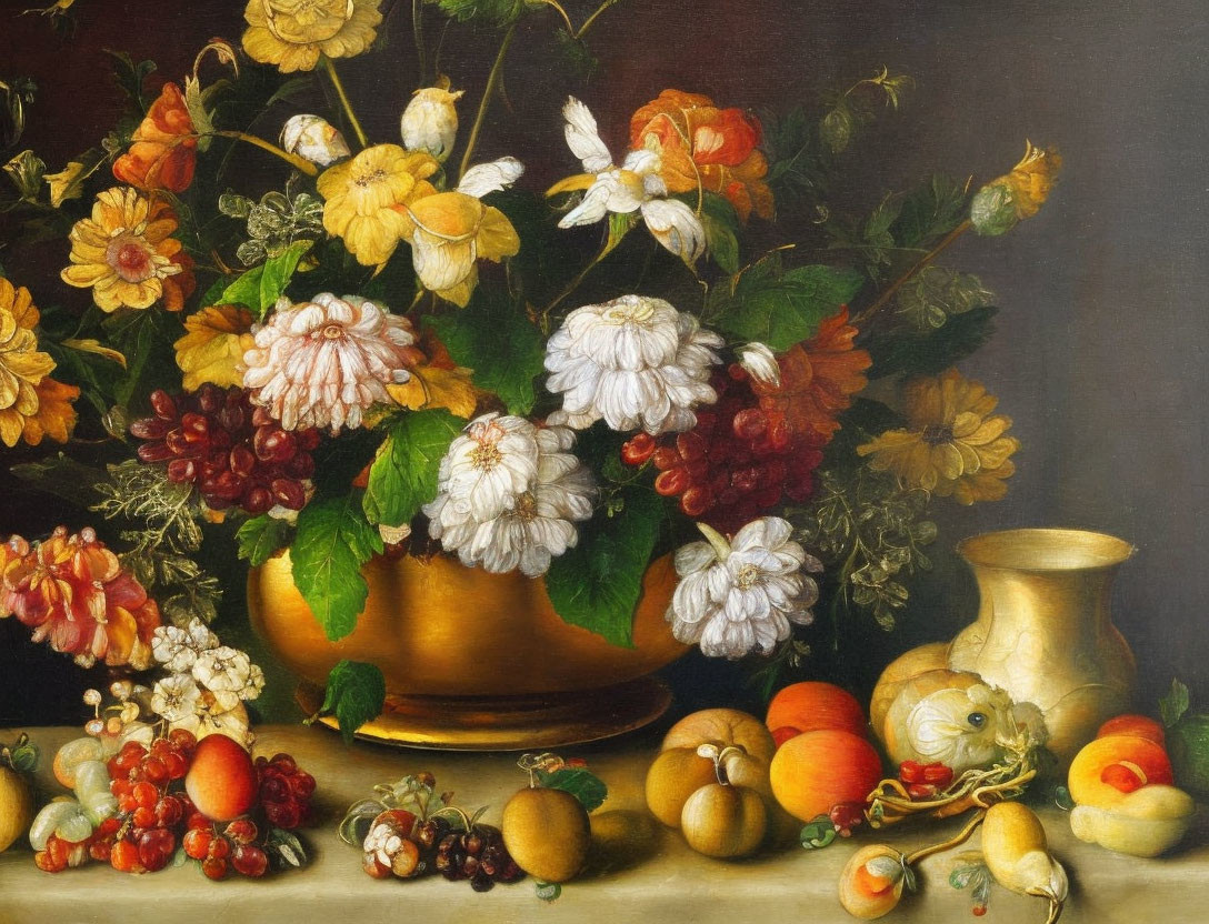 Colorful flowers, fruits, and brass pitcher in still life painting