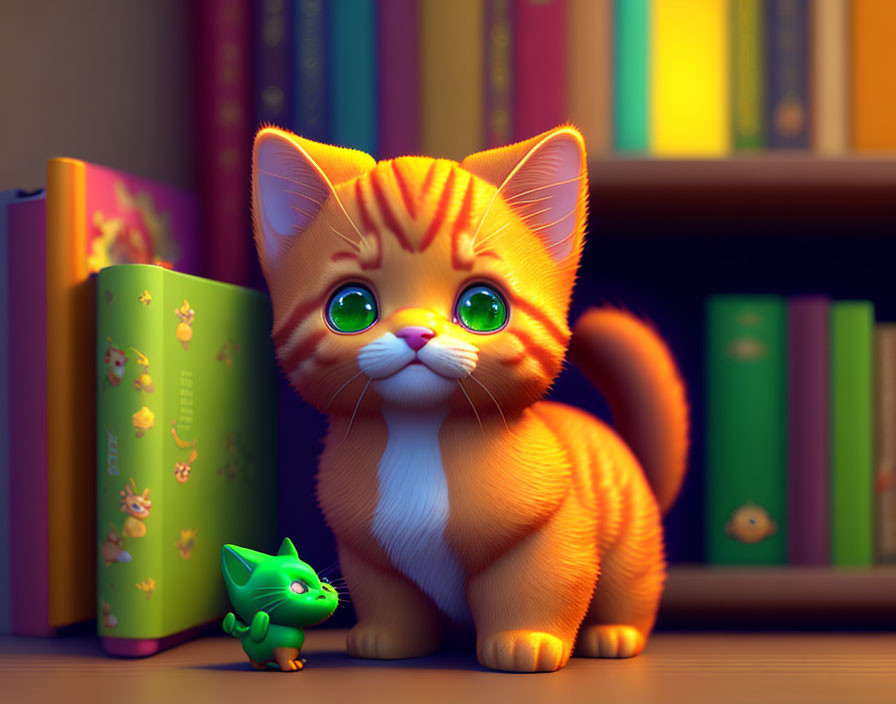 Illustration of orange kitten with green eyes and tiny green cat beside bookshelves