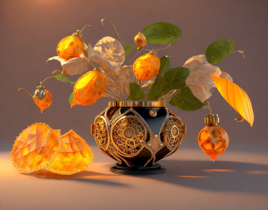 Golden mechanical fruits and leaves in ornate black and gold bowl on warm background