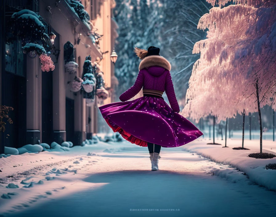 Person twirls in vibrant purple skirt on snowy street with lamp posts and trees under dusky pink