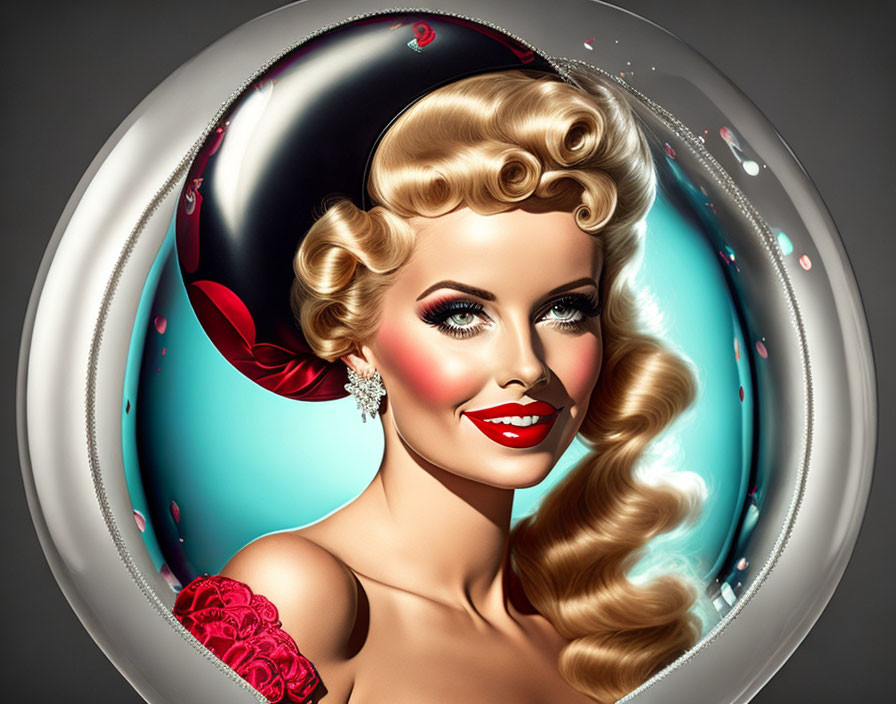 Digital artwork: Retro style woman with blonde hair, red lipstick, and glowing aura